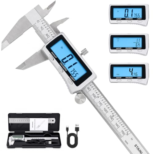 Digital Caliper, 6 Inch Rechargeable with LCD Screen, Auto-Off