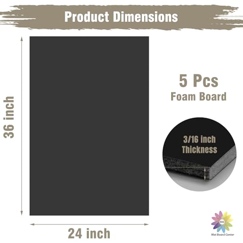Mat Board Center 24x36 Black Foam Boards Pack of 5, 3/16" Thick - color: Black, size: 24x36