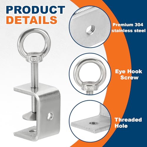 HARFINGTON 2Pcs 304 Stainless Steel C Clamps 40mm w Eye Hook Screw Silver - size: 40mm