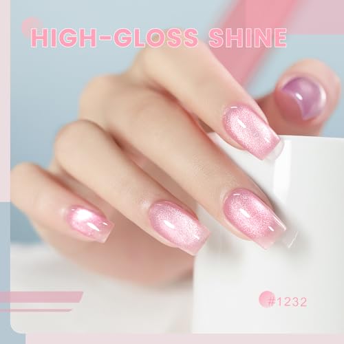 RARJSM Glass Jelly Cat Eye Gel Nail Polish Set 6pcs Reflective Sparkly Diamond Glitter Nude Pink Lake Blue Green Purple Clear Cateye Gelpolish with Magnet Stick 7.5ml Curing Requires for Home Salon - color: Fruit Color Cat Eye Set