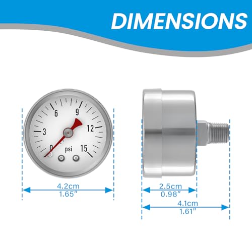 0-15 Psi Low Pessure Gauge 1.5" Dial Size, 1/8" NPT Thread, Stainless Steel Case & Copper Internals - for ATV Tires, Steam Boilers, Air Compressors, HVAC Systems, 2-Pack - size: 1-1/2" SS 1/8" NPT 0-15psi