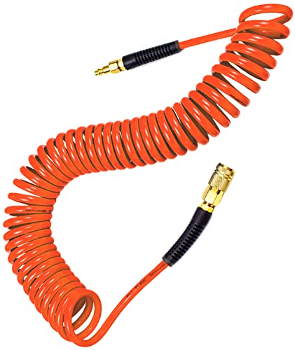 YOTOO Polyurethane Recoil Air Hose 1/4 in by 25 ft with Bend Restrictor, 1/4" Industrial Quick Coupler and Plug, Orange - color: Orange
