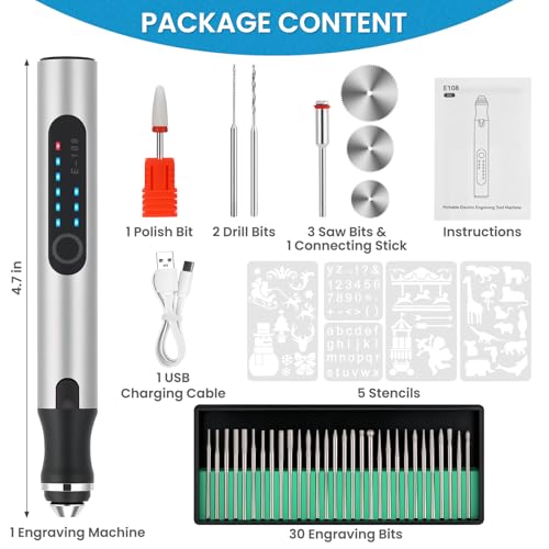 Electric Engraving Pen with 37 Bits for Wood Glass Stone Carving (Silver) - color: Silver