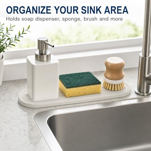 Razborci 2PCS Water Absorbing Stone Drying Tray Mat for Bathroom Sink & Kitchen Counter Faucet Organizer Decor, Quick Dry Dish Soap Dispenser Sponge Holder, Vanity Sink Caddy Coaster,White -10"*3.8" - color: 2 Pack - White, size: 10" x 3.8"