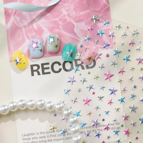 1 Sheet 5D Embossed Holographic Nail Stickers Metallic Shiny Star Nail Decals Self-Adhesive Nail Art Stickers Cute Y2K Stars Nail Stickers for Nail Art Stars Nail Supplies for Women DIY Manicure - color: Colorful Stars