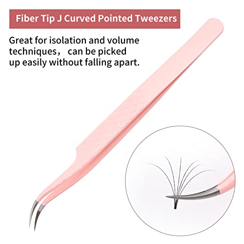 Eyelash Extension Tweezers FADLASH Volume Lash Tweezers Precision Curved Tip Lash Extension Tweezers Isolation & Volume Techniques Professional Application Tools - size: Fiber Tip J Curved Pointed Tweezers