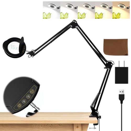 15X LED Magnifying Glass with Light and Clamp, 3-Section Arm