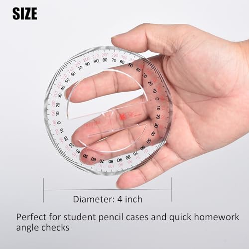 SEIWEI 360 Degree Protractor, 4 Inch Math Circle Ruler, Clear Plastic Angle Measurement Tool with Accurate Scale, Round Protractor for Kids Geometry, Engineering, Drafting, School & Office - size: 4 Inch / 10 cm
