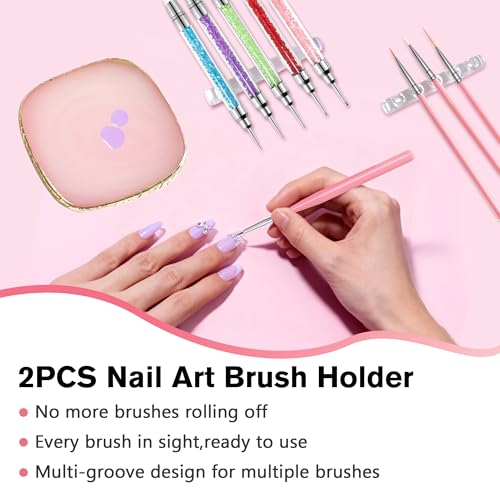 Nail Art Brushes, 23Pcs Set Nail Art Tools, including 2 Way Nail Art Sculpture Pen Dotting Pen Tools, Nail Art Brushes with Nail Brush Brackets, Resin Nail Art Palette for Nail Art DIY Tools (Pink)