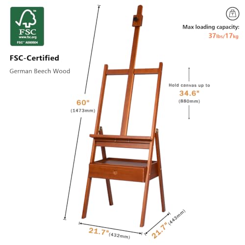 DJAR Medium Wooden H-Frame Art Easel with Storage Drawer, Walnut