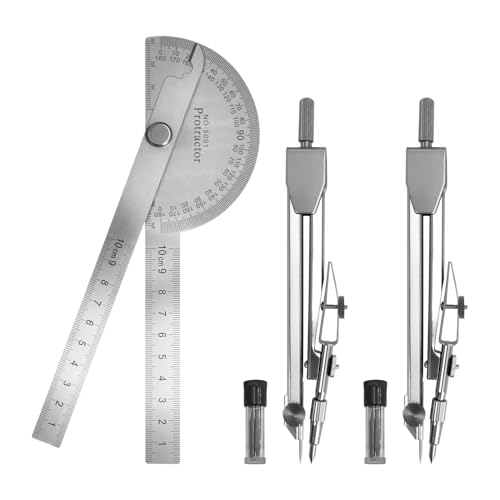 Protractor and Compass Set, Stainless Steel Angle Finder & 2 Compasses