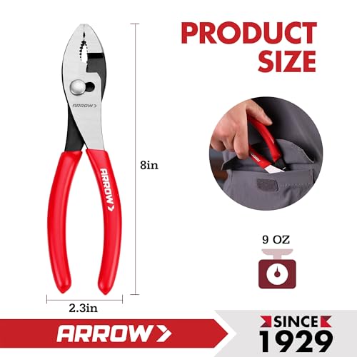 ARROW 8" Slip Joint Pliers, Pliers Tool with Thick Dip-Grip Handle - size: 8 Inch