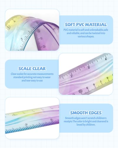 2 PCS 6 Inch Flexible Ruler, Bendable Plastic Ruler, Soft Bendable Gradient Colour Rulers with Centimeters and Inches for Student School Classroom Office Supplies - size: 6 Inch