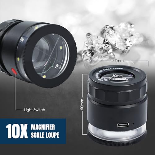 Jewelers Loupe 10x Loupe Magnifier, Rechargeable Jewelers Magnifying Glass with LED Light and Scale, Adjustable Focal Length Magnifier Jewelry Loupe for Gems, Coins - size: Short