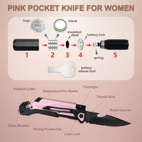 ALBATROSS Pink 6-in-1 Folding Pocket Car Knife for Women, 3.5" Blade - color: Pink