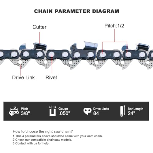 3 Pack 24 inch Chainsaw Chain 84 Drive Links 3/8" Pitch .050" Gauge - size: 24" 84DL 3/8" .050" ×3 Pack