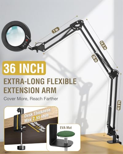 12X Magnifying Glass with Light and Clamp, Extra Long 3 Section Swing Arm - color: Black, size: 12X 36inch Clamp