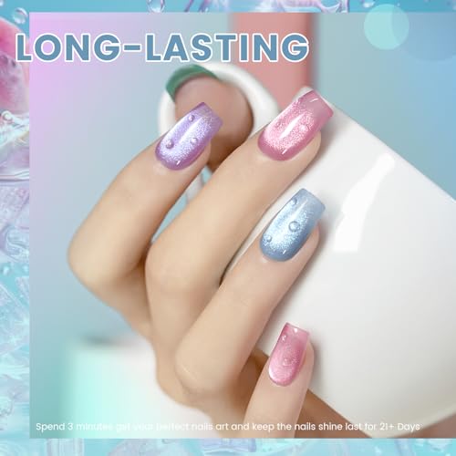 RARJSM Glass Jelly Cat Eye Gel Nail Polish Set 6pcs Reflective Sparkly Diamond Glitter Nude Pink Lake Blue Green Purple Clear Cateye Gelpolish with Magnet Stick 7.5ml Curing Requires for Home Salon - color: Fruit Color Cat Eye Set
