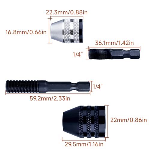2 Pack Keyless Drill Chuck Adapter 1/4 Hex Shank for Impact Driver, Dremel, Hand Drill - Universal Drill Chuck with Magnetic & Hammer Drill Features, Black Sizes 0.3-6.5mm & Silver Sizes 0.3-3.4mm