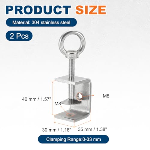 HARFINGTON 2Pcs 304 Stainless Steel C Clamps 40mm w Eye Hook Screw Silver - size: 40mm