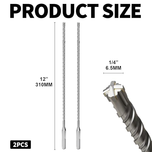 2PCS SDS Plus Rotary Hammer Drill Bits, 2pcs (1/4"*12"-6.5mm*310mm) - 4 Carbide Cutting Edges, Ideal for Masonry| Heavy-Duty Masonry |Hammer Drill Bits for Precision Drilling - size: 2pcs (6.5mm*310mm)
