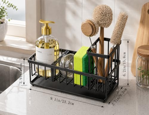 Kitchen Sink Caddy Organizer with Sloped Drain Tray, Black Sponge Holder with Utensil Holder Chopstick Cup, Fast Drain Drying Rack for Brush Soap Dispenser Countertop Storage