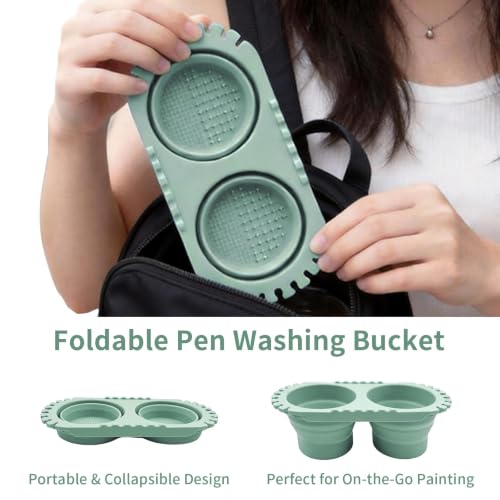 Paint Brush Cleaner Cup, Foldable Silicone Brush Cleaning Rinse Cup with Dual Compartment Cleaning Container and Brush Holder for Acrylic, Watercolor & Art Supplies - color: Green