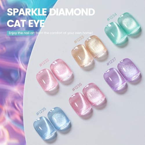 RARJSM Glass Jelly Cat Eye Gel Nail Polish Set 6pcs Reflective Sparkly Diamond Glitter Nude Pink Lake Blue Green Purple Clear Cateye Gelpolish with Magnet Stick 7.5ml Curing Requires for Home Salon - color: Fruit Color Cat Eye Set