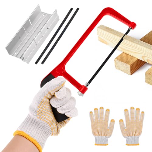 Mini Hacksaw with Miter Box, 6" Hand Saw Kit with 2 Spare Blades & Gloves - color: Red