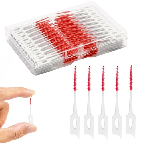 Dental Floss Picks, 200 Count, Soft Rubber Brush Head, Interdental Brushes with Convenient Carry Case,Dual-Ended Toothpick Travel Teeth Cleaning Tools (Red) - color: Red