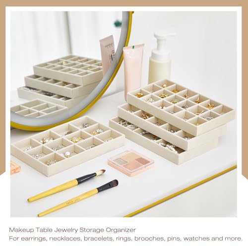 Junkin 12 Pcs Velvet Jewelry Organizer Tray, Stackable Storage - color: Beige
