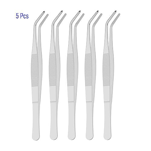 5 PCS 5.5" Stainless Steel Tweezers, Curved Blunt, 3/64" Thick - size: 5.5"L(3/64"T)