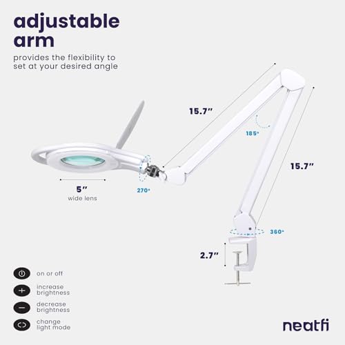 Neatfi Magnifying Lamp, Clamp, 3X 5-Inch Lens, 3 Light Modes (White) - color: White, size: 8 Diopter