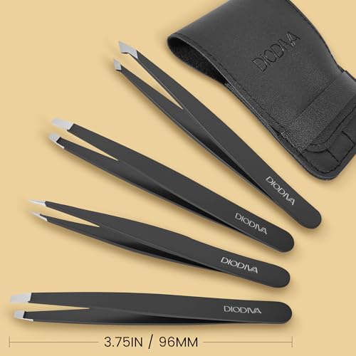 Diodiva 4-Pack Tweezers with Case for Eyebrows Facial Ingrown Hair Removal - style: 4-Pack Black