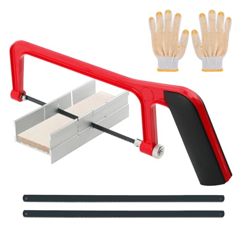 Mini Hacksaw with Miter Box, 6" Hand Saw Kit with 2 Spare Blades & Gloves - color: Red