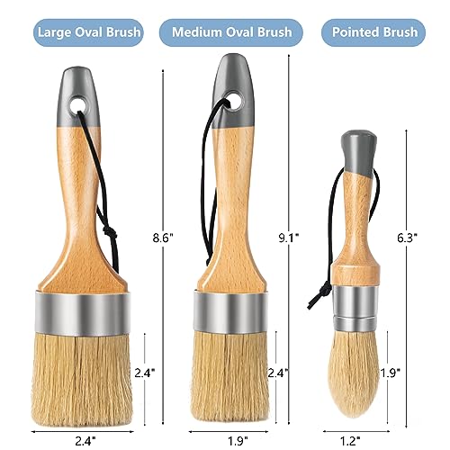 Mister Rui 3-Pack Chalk & Wax Paint Brushes Set, Round, Natural Bristle - size: 1.2"1.9"2.4"