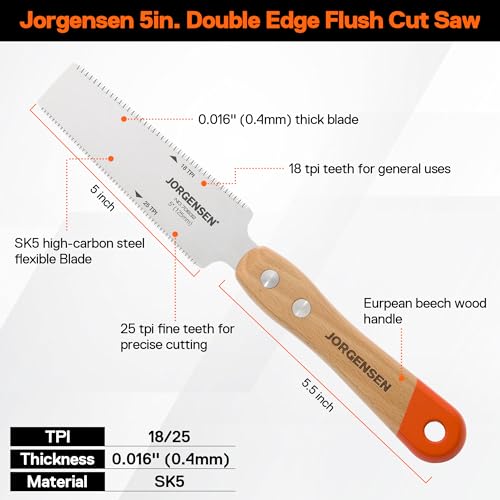 JORGENSEN Japanese Flush Cut Saw, 5 Inch Beech Handle Pull Saw, SK5 Flexible Double Edge Blade, 18/25 TPI Japanese Handsaw for Hardwood & Softwood Woodworking, Cutting, Trim Flush