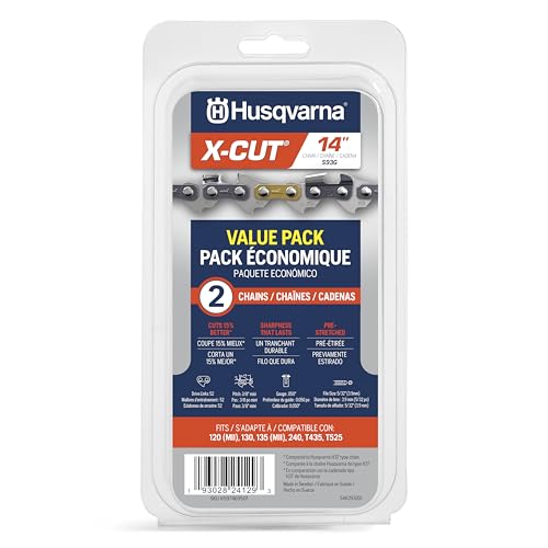 Husqvarna X-Cut S93G 14 Inch Chainsaw Chain, 2 pack, 3/8" mini Pitch, .050" Gauge, 52 Drive Link Chainsaw Blade Replacement, Pre-Stretched and Low Kickback, Gray