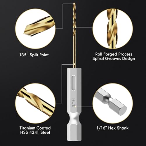 16Pcs 1/16" Hex Shank Titanium Twist Drill Bit Set - size: 1/16" - 16pcs HSS