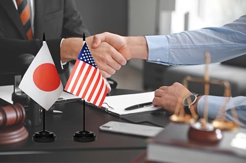 USA American & Japan Japanese Desk Flags, US Japan Office Table Flag, Small Mini Miniature Japanese and US Desktop Flag With 13" Solid Black Pole, Black Base - color: Japan