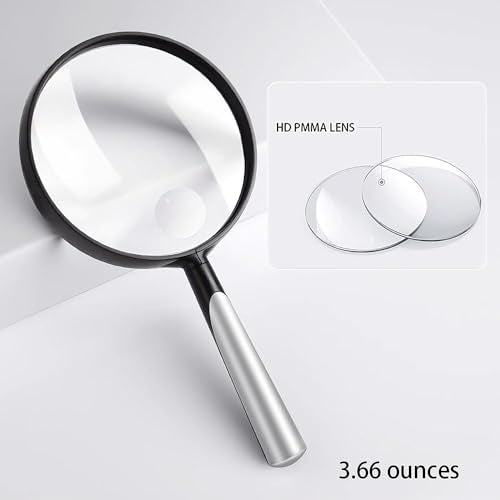 10X 30X Handheld Magnifying Glass for Reading - 110mm Diameter, PMMA Lens, Lightweight ABS Frame, Large Magnifier for Kids Seniors,Suitable for Close Work Hobbies and Science - color: Silver