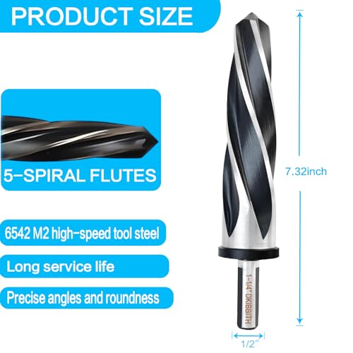 DKIBBITH 1-1/4" Bridge Construction Reamer Drill Bit, M2 HSS Taper Chucking Reamer for Steel Alloy Metal Wood Plastic, 1/2" Non-Slip Shank, 5-Spiral Flutes Car Reamer, to Align or Enlarge Holes, 32mm - size: 1-1/4"
