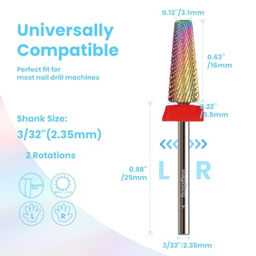 Fine 16mm Long 5-in-1 Nail Drill Bit, Rainbow, 3/32", Two-Way Rotation - color: Multicolor-16mm Long, size: Fine