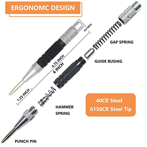 WHLLING 2-Piece Automatic Center Punch, 6 Inch Hardened Steel Spring Punch - size: 6 Inch