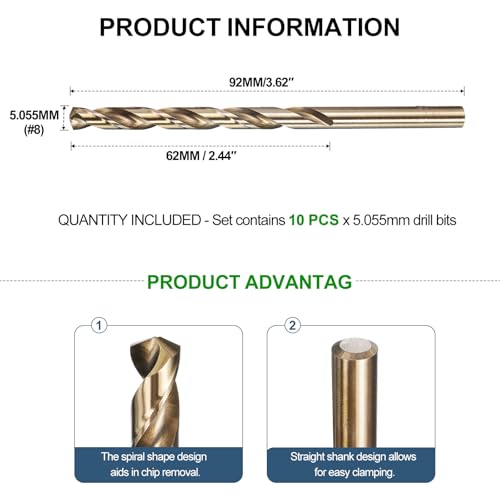 METALLIXITY Micro Drill Bit (#8) 4341 High-Speed Steel Gold 135° 10Pcs - size: #8 (5.055mm)