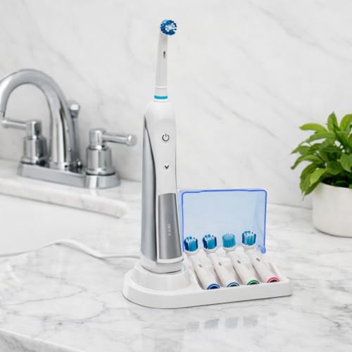 Brush Head Holder Compatible with Braun Oral B, Electric Toothbrush Head Holder Stand, Unique Blue Bracket Base, 4-Slot Display Rack, Portable Countertop Bathroom Organizer with Brush Storage Cover