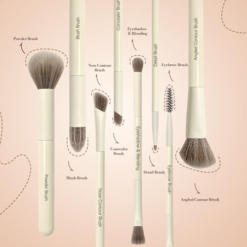 8 Pcs Makeup Brush Set, Premium Synthetic Makeup Brushes with 2 Puffs - color: White