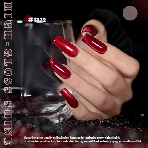 RARJSM Berry Red Glass Glitter Cat Eye Gel Nail Polish with Magnetic Stick - color: Berry Red