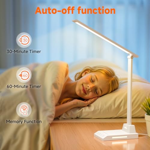 ShineTech LED Desk Lamp for Home Office,Foldable Reading Lamp with Adapter - color: White