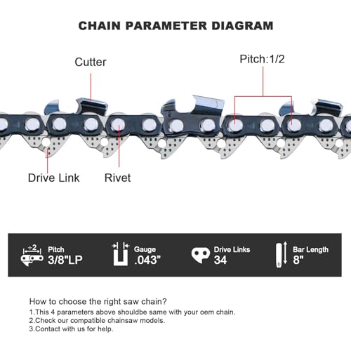 3-Pack Pole Saw Chain 8 Inch 34DL 3/8" LP Pitch .043" Gauge - size: 8" 34DL 3/8"LP .043" ×3 Pack